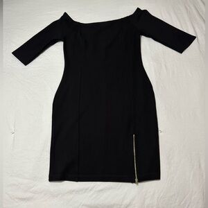 Elegant Black Off-Shoulder Mini Dress with zipper.